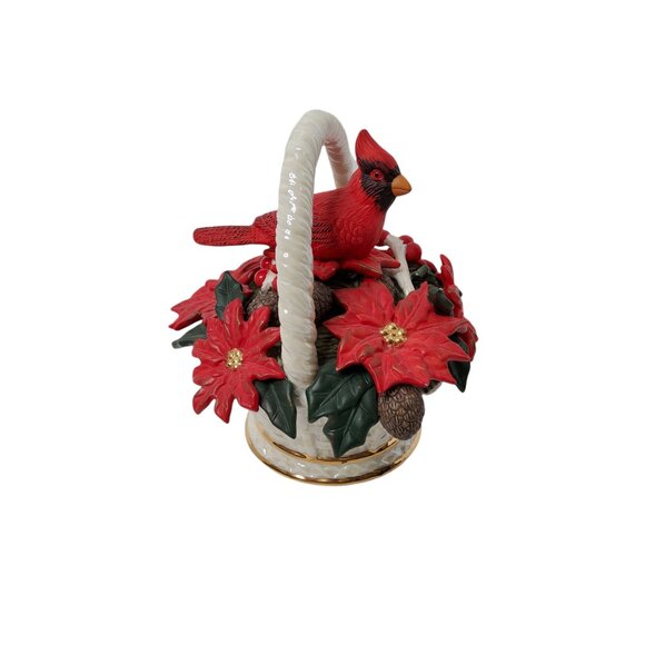 Vintage Ceramic / Porcelain Red Cardinal, Pine Cone, and Pointsettia Basket Musi - Picture 3 of 4